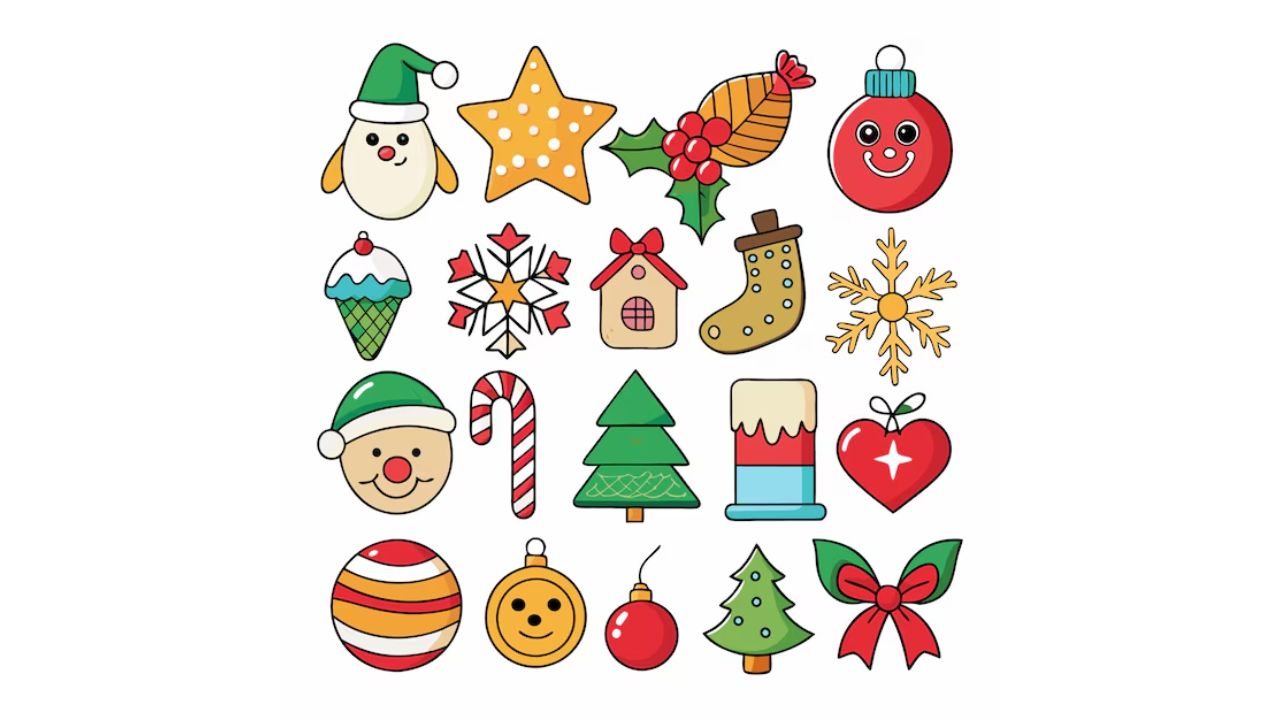 Foto de adornos navideños de diferentes colores.