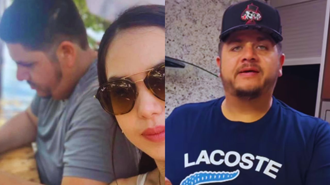 Dos fotos del Gordo Peruci vestido de gris en la foto de la izquierda donde también sale su esposa, en la foto de la derecha sale él con una camisa color azul.