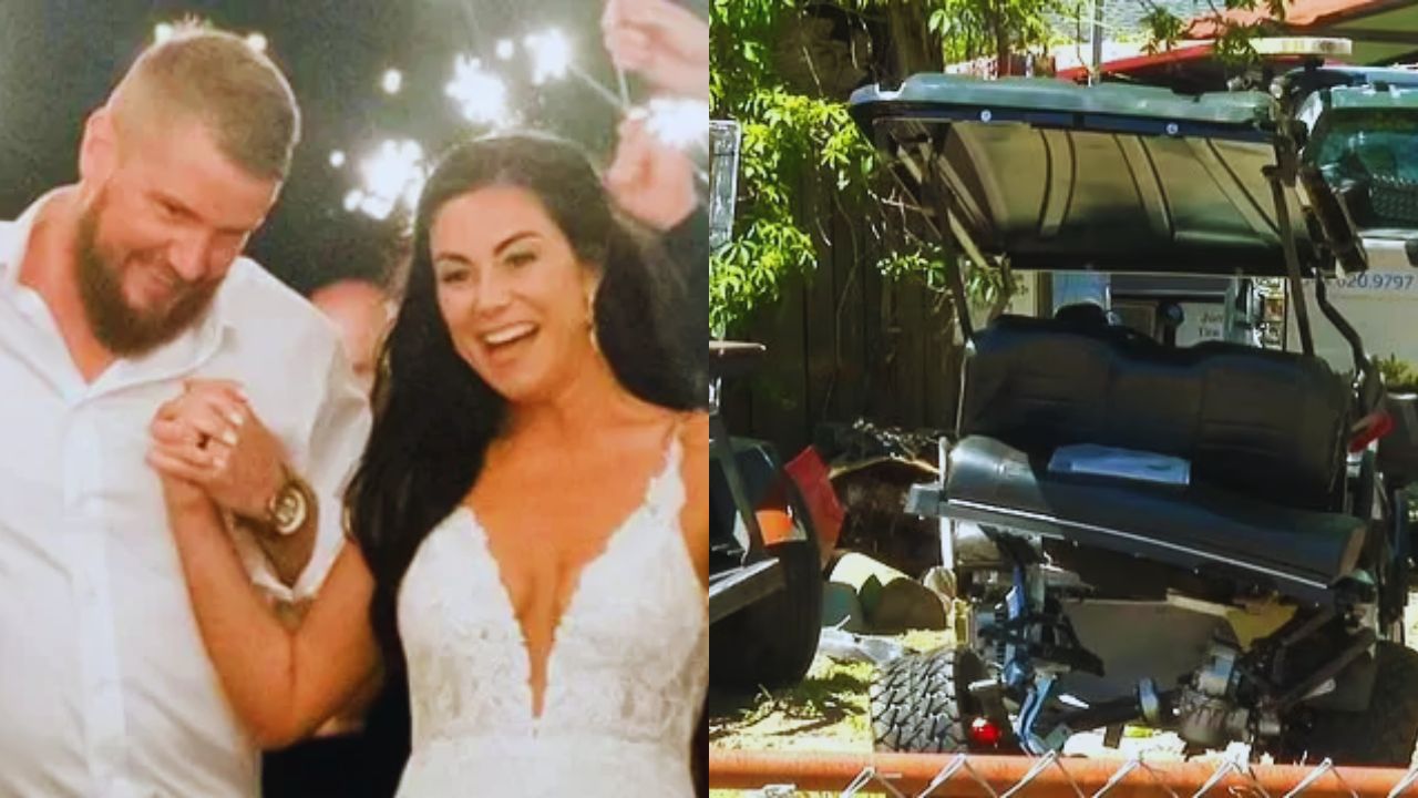 Una foto de los recién casados vestidos de blanco y al lado foto del accidente.