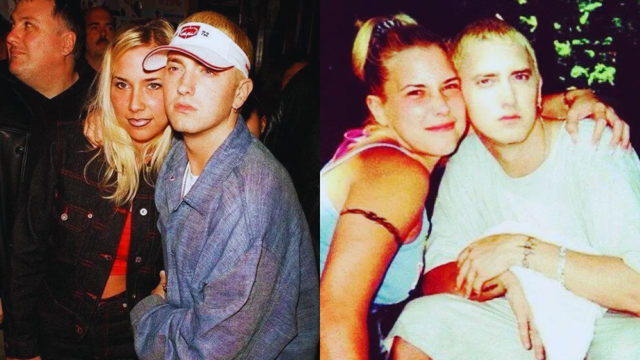 Dos fotos de Eminem y Kim, en la foto de la izquierda sale vestido de azul y ella de negro y blusa roja, en la foto de la derecha salen ambos con camisa blanca.