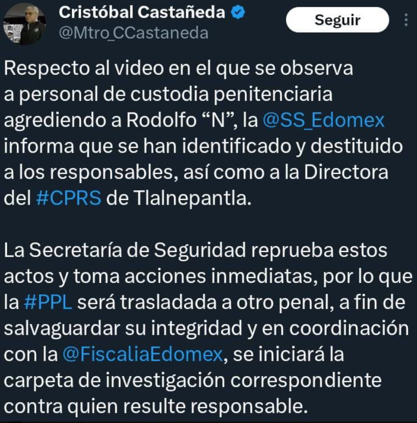 Foto del comunicado de la Secretaría de Seguridad del Estado de México en donde mencionan que los custodios que agredieron a Fofo Márquez fueron identificados y destituidos de su cargo.
