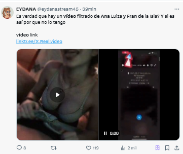 Foto que muestra como en redes sociales dicen tener acceso al video filtrado de Ana Luiza y Fran pareja de La Isla de las Tentaciones