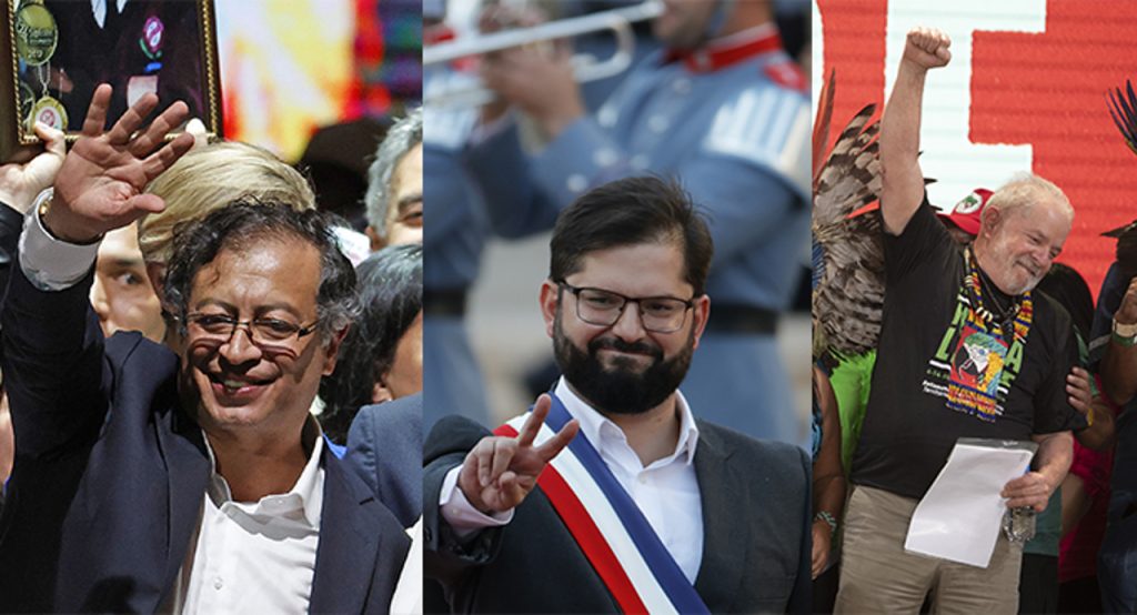 La imagen muestra al presidente de Colombia, Gustavo Petro; al presidente de Chile, Gabriel Boric, y el mandatario Luiz Inácio Lula da Silva.