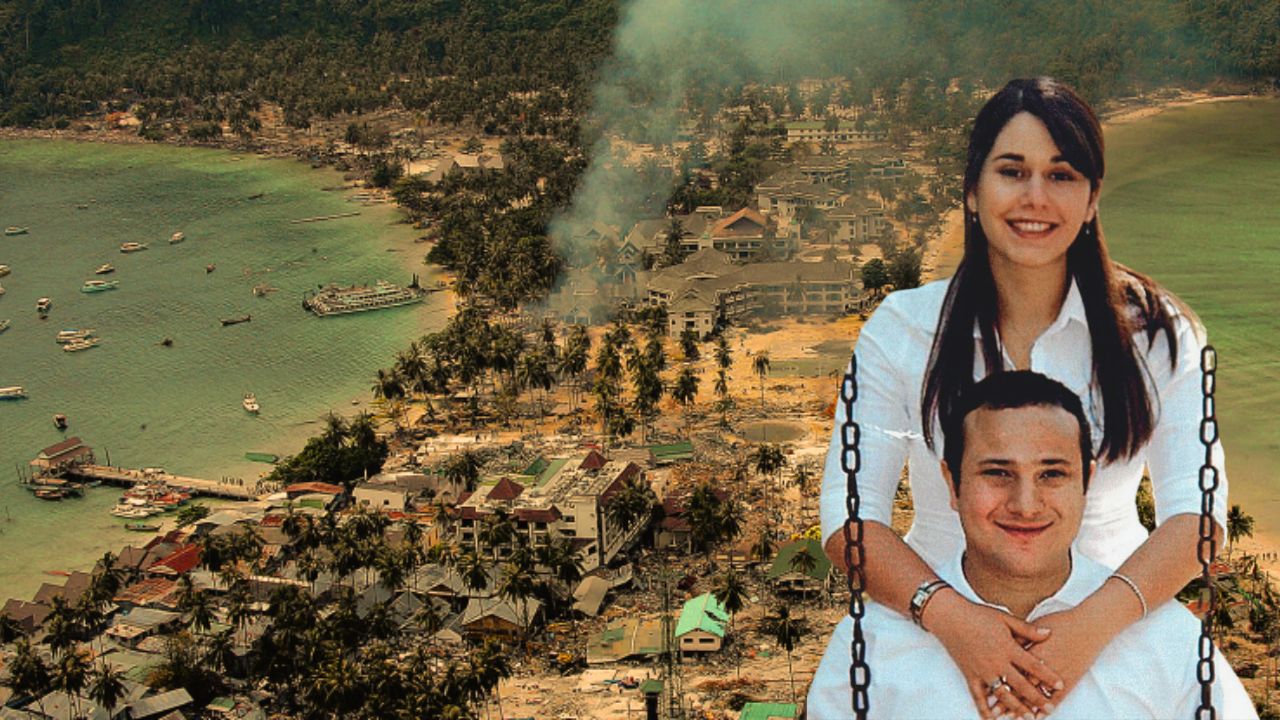 Karen Michan y su esposo estidos de blanco y de fondo las islas de Tailandia