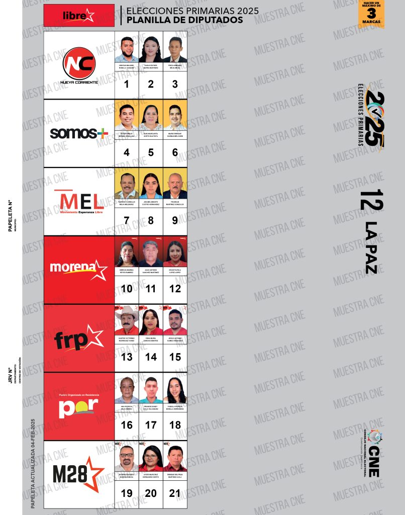 Papeleta de candidatos a diputados de Libre en La Paz