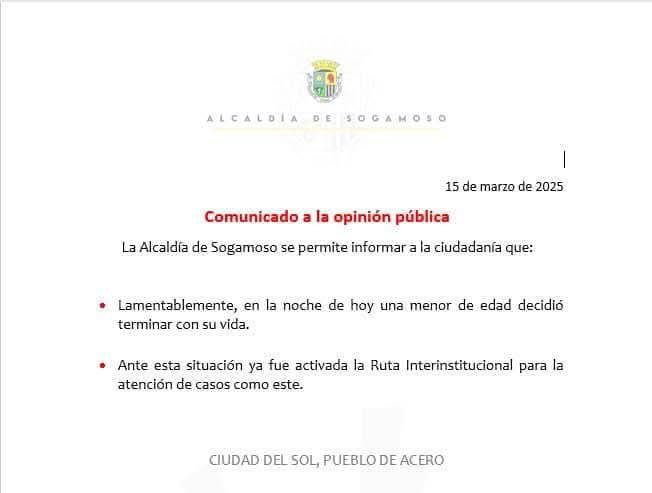 Nota de al alcaldía ante el caso de la Menor que se quita la vida y es encontrada por su novio