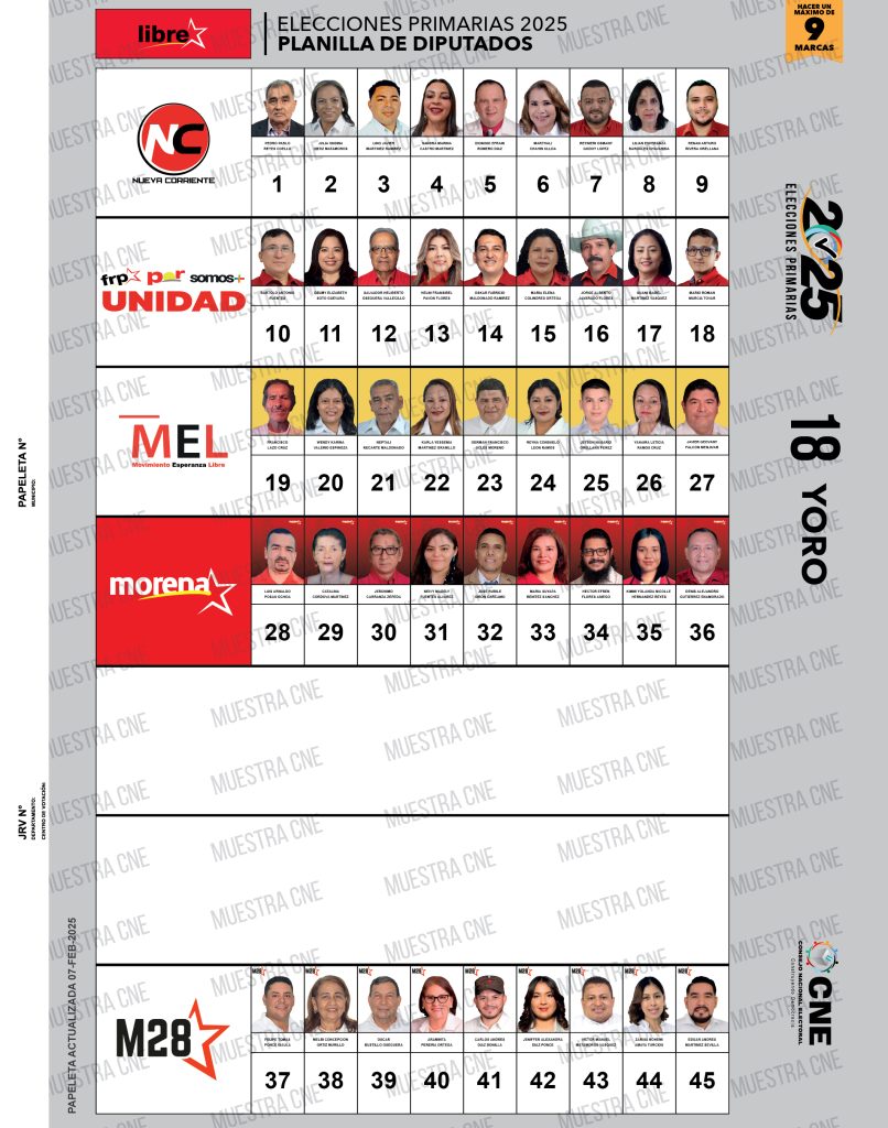 Papeleta de candidatos a diputados de Libre en Yoro
