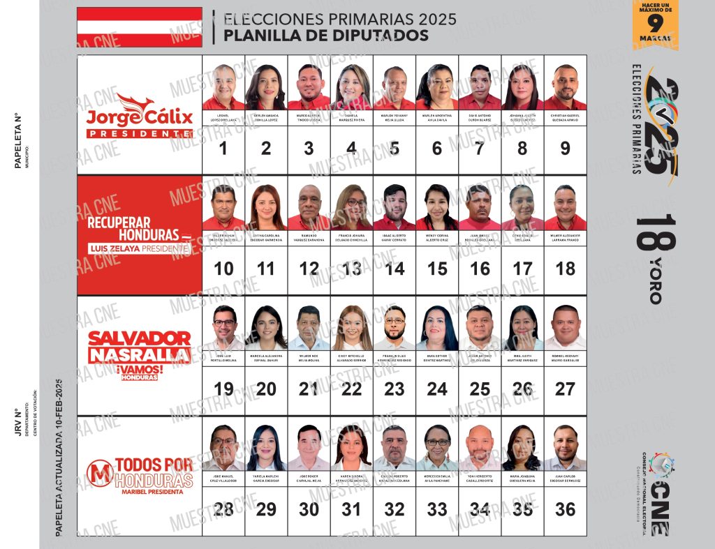 Papeleta de candidatos a diputados liberal en Yoro