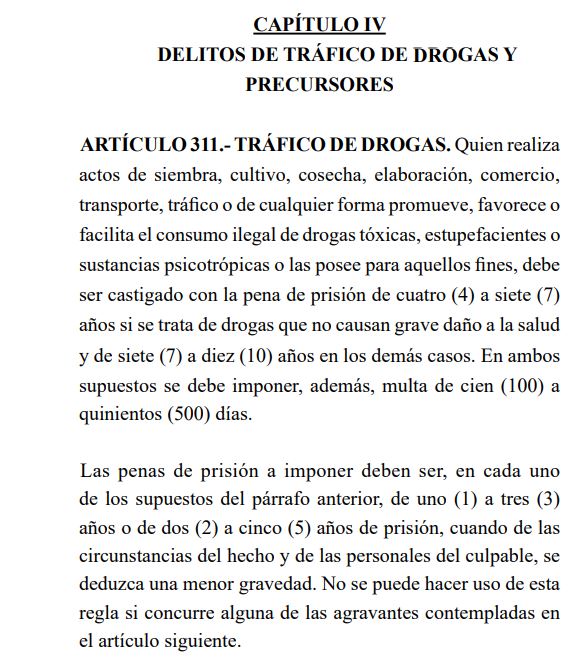 Código penal sobre el tráfico de drogas