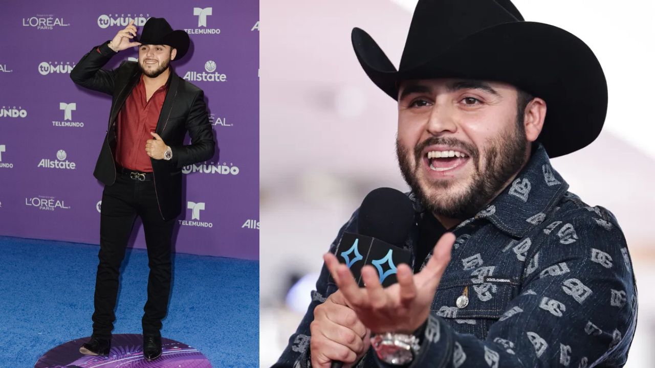 Gerardo con micrófono en mano cantando y otra foto del el de cuerpo completo vestido de traje negro.