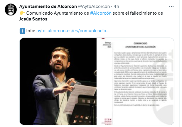 Foto del comunicado de Ayuntamiento de Alcorcón sobre la muerte de Jesús Santos 