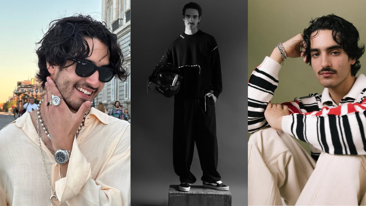 modelo de Instagram con blusa blanca, en blanco y negro y con suéter de rayas