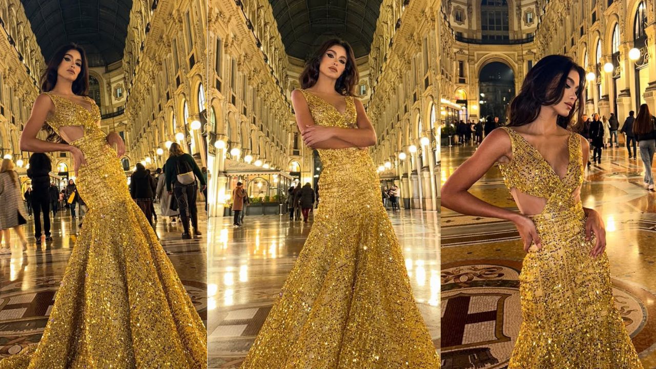 modelo vestido dorado