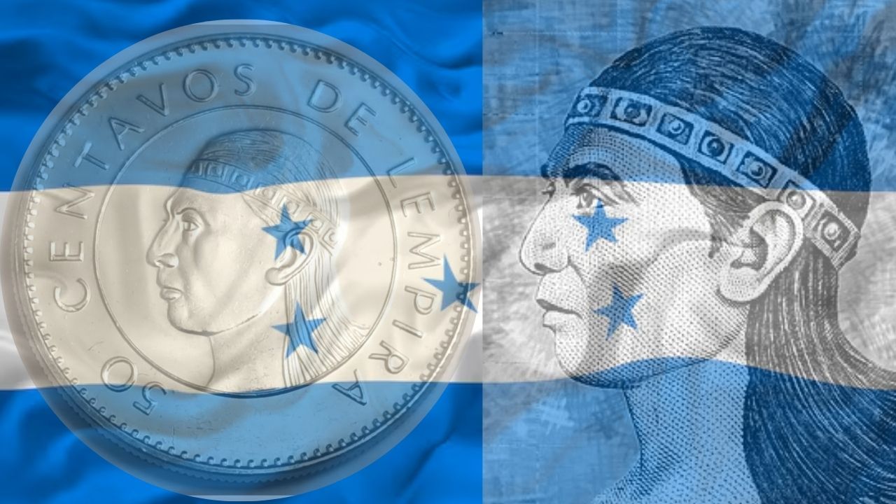 Bandera de Honduras, una moneda de 50 centavos y el indio Lempira