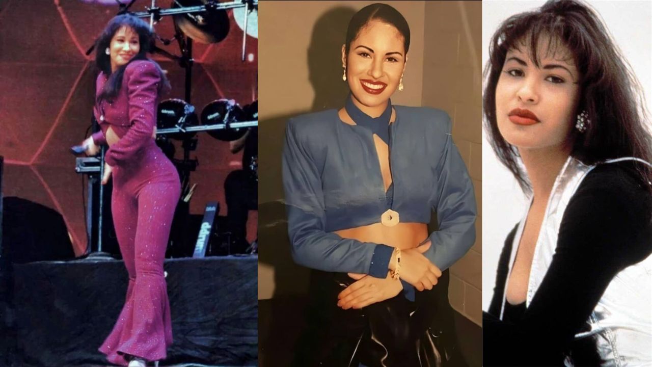 Selena quintanilla en el escenario y en las otras posando para la camara 