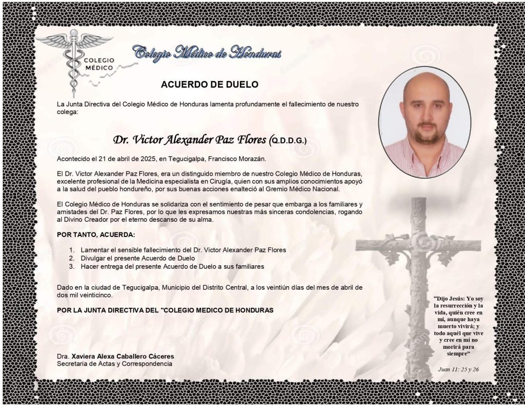 Acuerdo de duelo del Colegio Médico de Honduras por el fallecimiento del Dr. Víctor Alexander Paz Flores. Foto: cortesía 