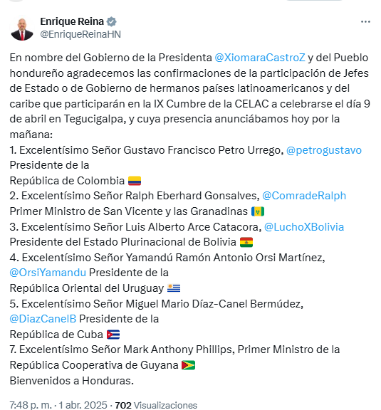 Publicación en X del canciller hondureño, Enrique Reina, sobre lista de presidentes que participarán en la Cumbre de la Celac. Foto: captura de pantalla.