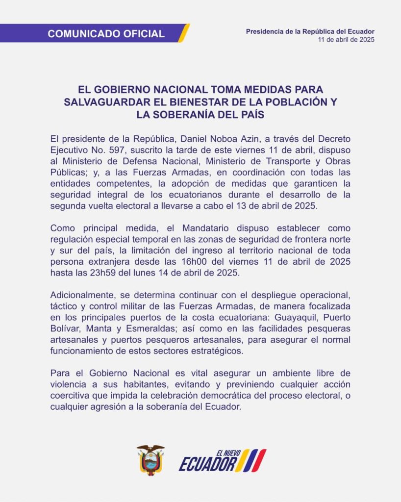 A dos días de las elecciones presidenciales, Ecuador restringe el ingreso de extranjeros a través de sus fronteras terrestres con Colombia y Perú. 
