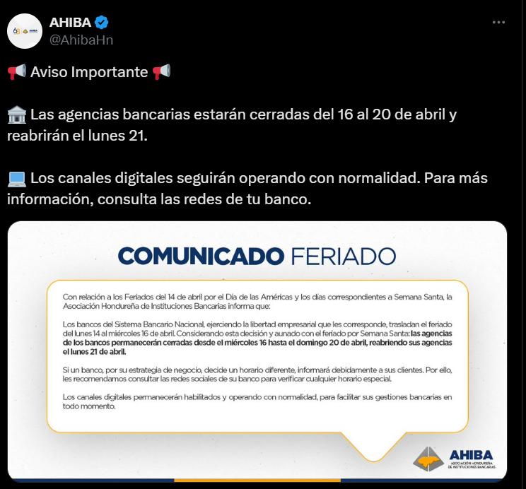 Comunicado de los horarios de los bancos en Semana Santa según la Asociación Hondureña de Instituciones Bancarias (AHIBA)