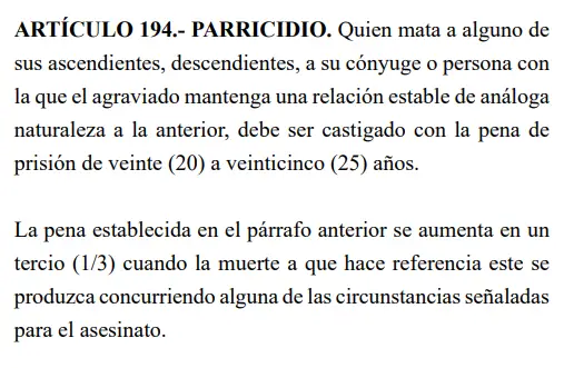 Código Penal de Honduras sobre el delito de parricidio