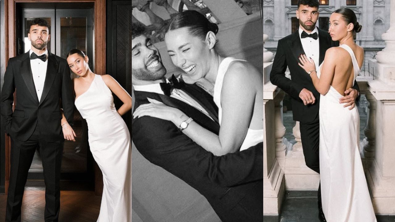 Collage de fotos del portero David Raya y su esposa Tatiana Trouboul