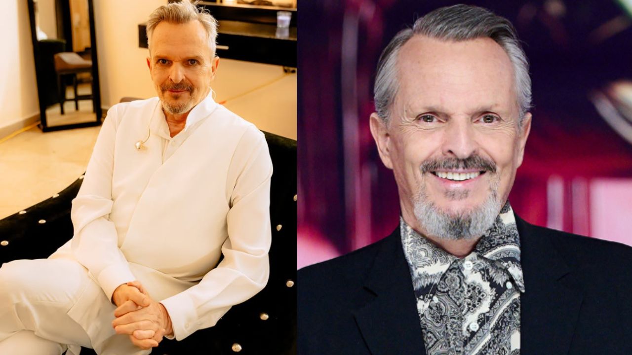 Miguel Bosé traje blanco y foto en foro de grabación