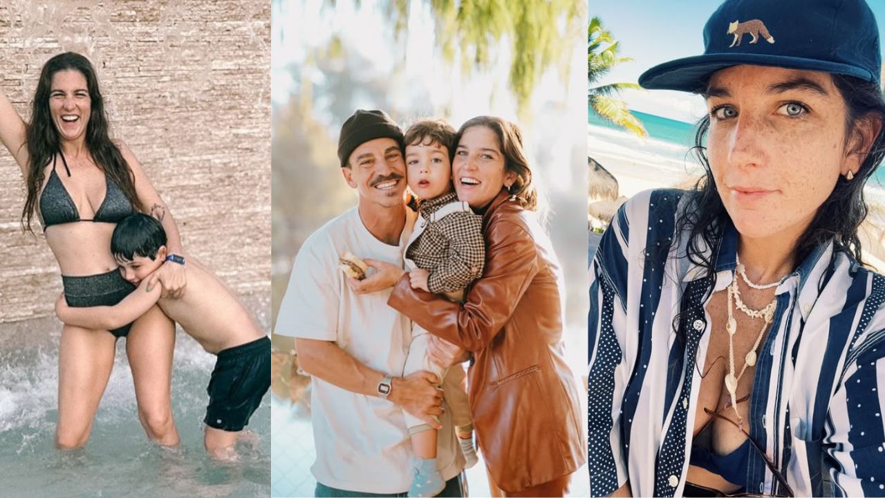 Juana Repetto y su esposo y su hijo mayor en la piscina