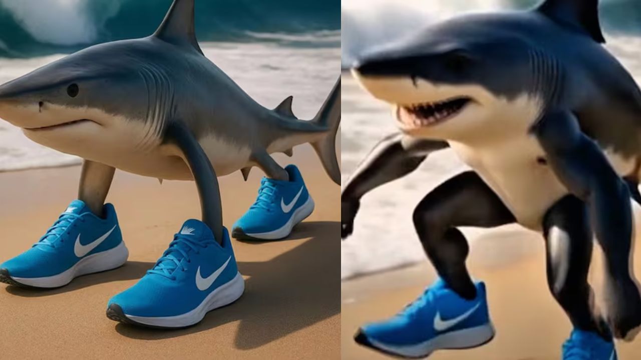 un tiburón con tenis azules nike