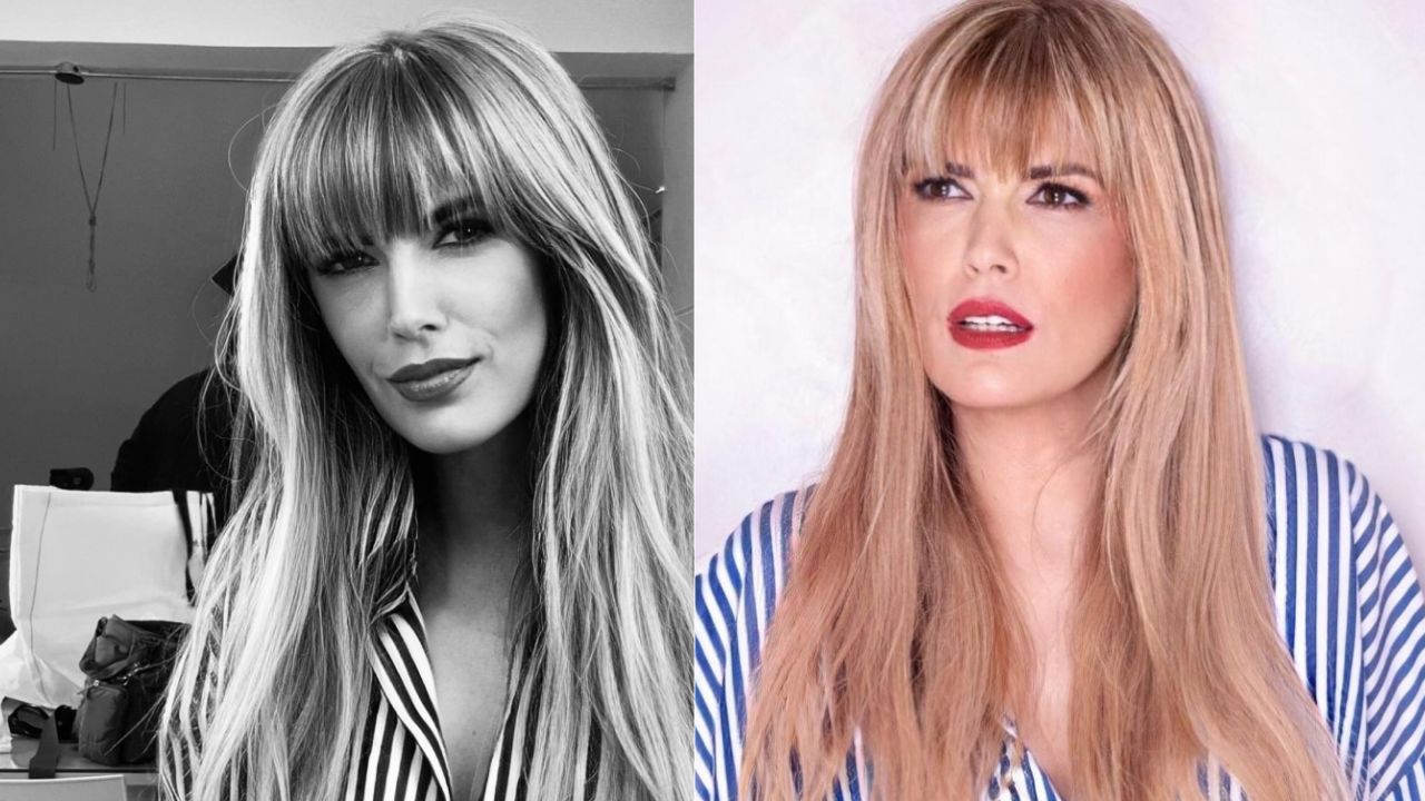Viviana Canosa, camisa de rayas azul con blanco y una foto en blanco y negro.