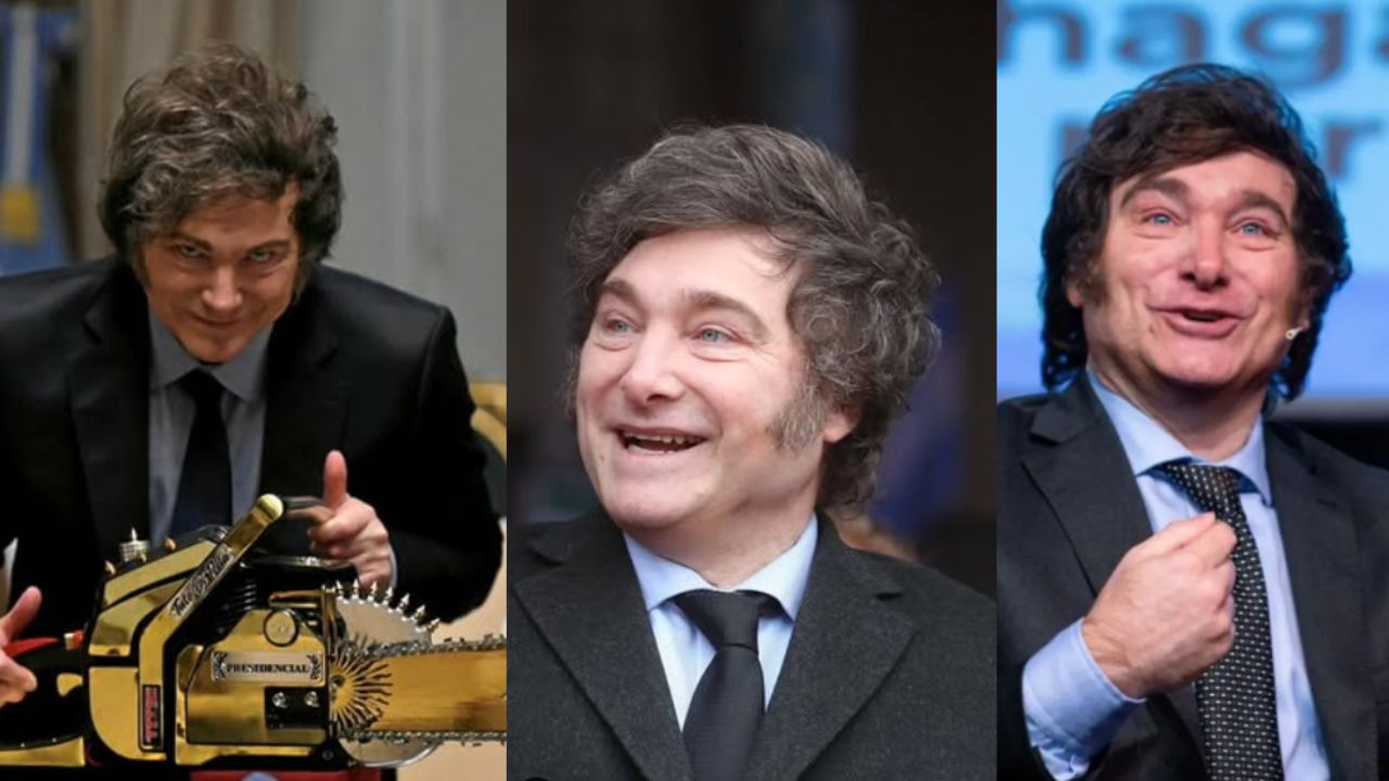 Javier Milei, traje negro de corbata, camisa azul y motosierra