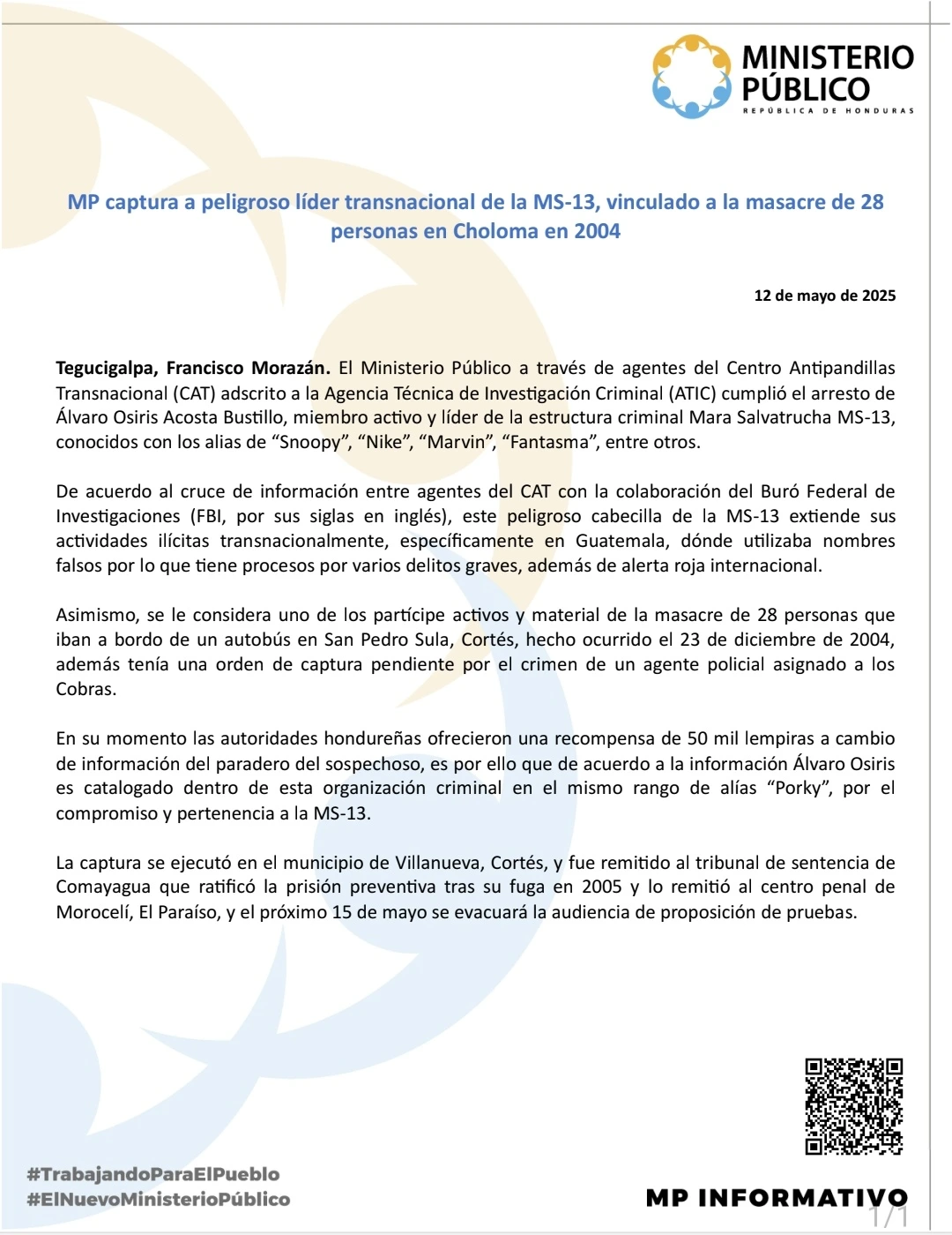 Comunicado de prensa del Ministerio Público.