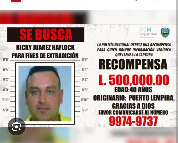 Boletín de recompensa de Ricky Wendell Juárez Haylock. Foto: cortesía de la Policía Nacional