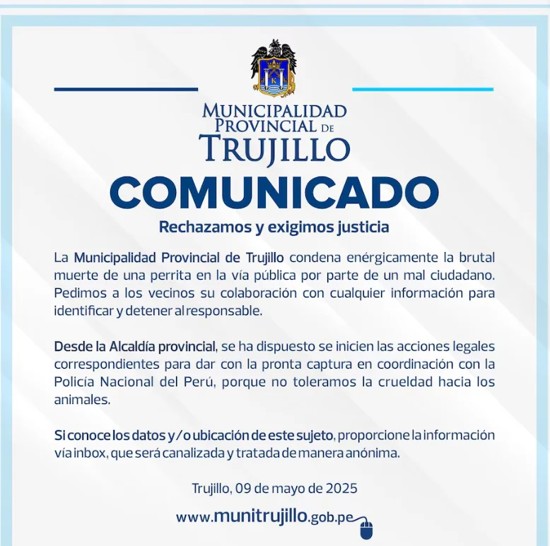 Foto del comunicado de la Municipalidad Provincial de Trujillo por el video de la perrita que asesinaron 