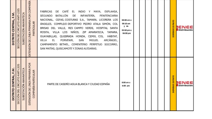 Captura de pantalla que muestra las zonas de Tegucigalpa  que no tendrán energía eléctrica este domingo 25 de mayo de 2025, según la ENEE