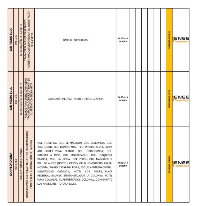 captura de pan talla que muestra las zonas de  San Pedro Sula que no tendrán energía eléctrica este domingo 25 de mayo de 2025, según la ENEE