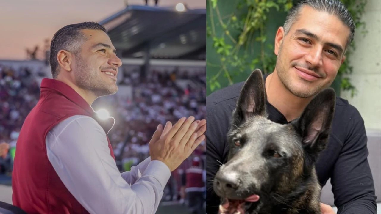 Omar Harfuch, posando con su perro y chaleco ocre