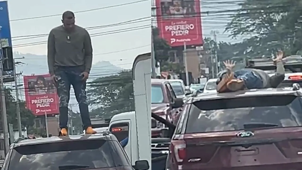 Hondureño protagoniza escena al subirse al techo de su carro en pleno tráfico Imagen de Hondureño protagoniza escena al subirse al techo de su carro en pleno tráfico