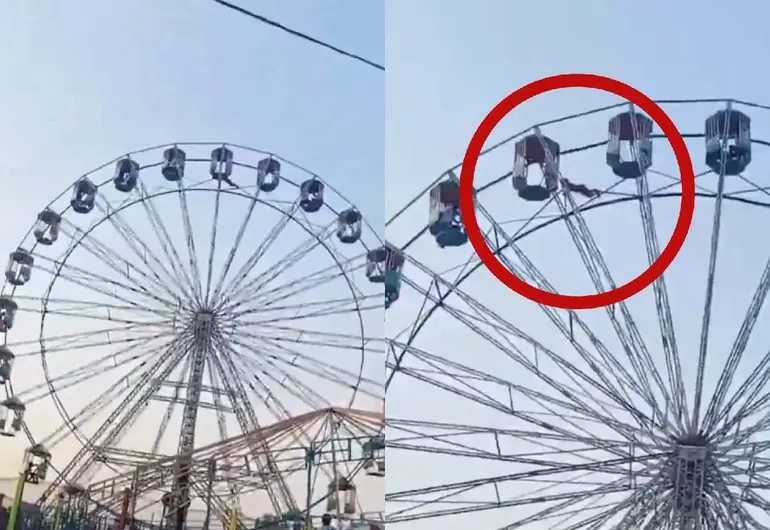 El video muestra cómo la niña quedó colgando de la estructura de la rueda de la fortuna antes de perder el agarre y caer al vacío. Foto: cortesía de redes sociales
