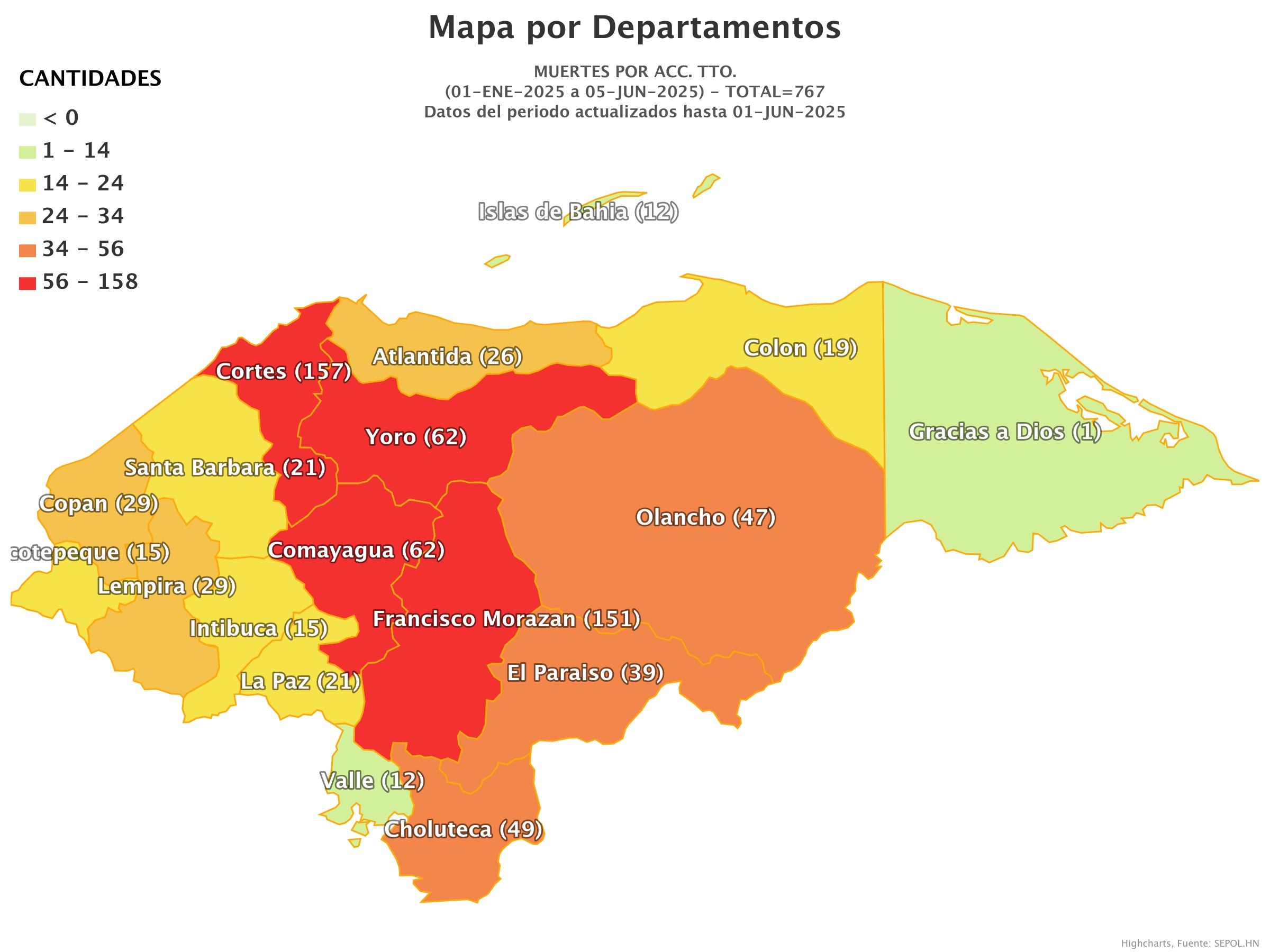 Mapa de muertes en accidentes de tránsito en Honduras