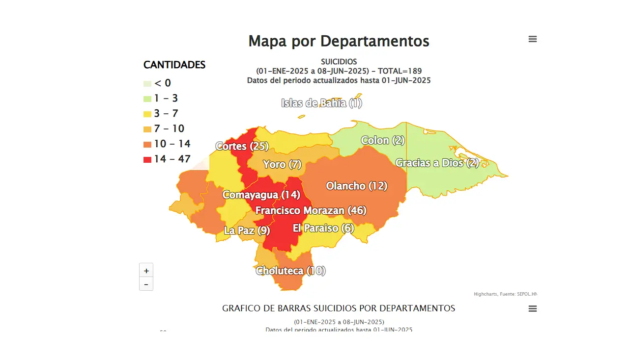 Mapa de departamentos más afectados con el suicidio