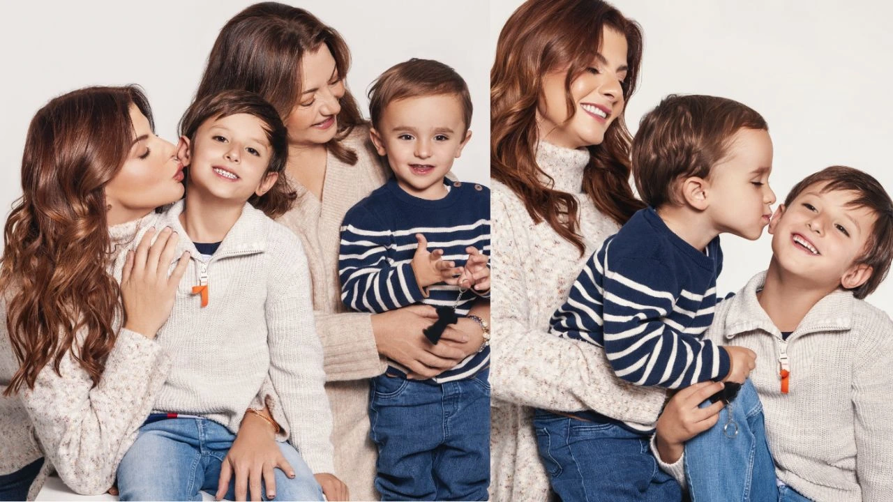 Carolina Cruz ropa beige y sus hijos y mamá