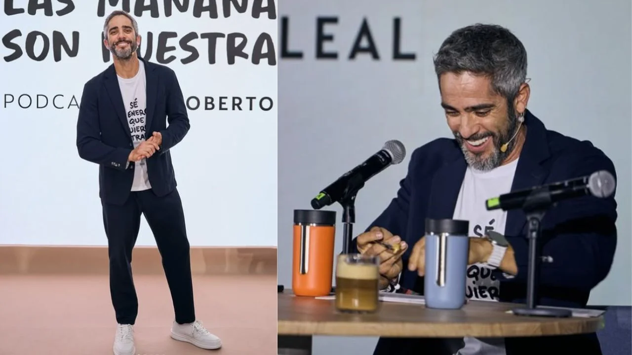 Roberto leal Camisa blanca saco negro y fondo rojo