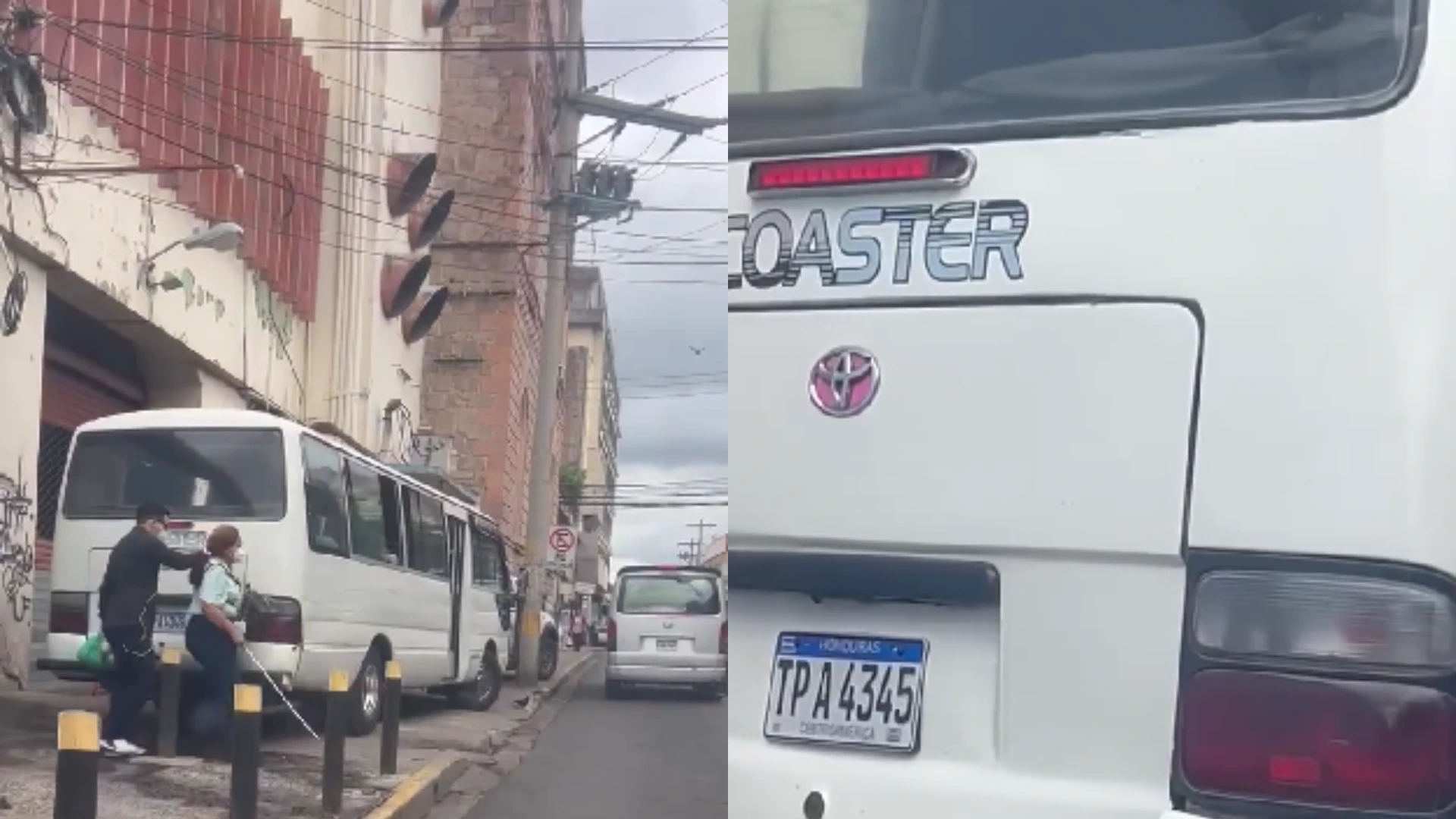 Un bus mal estacionado en Tegucigalpa expuso a una pareja no vidente que tuvo que transitar por la calle. Foto: captura de pantalla