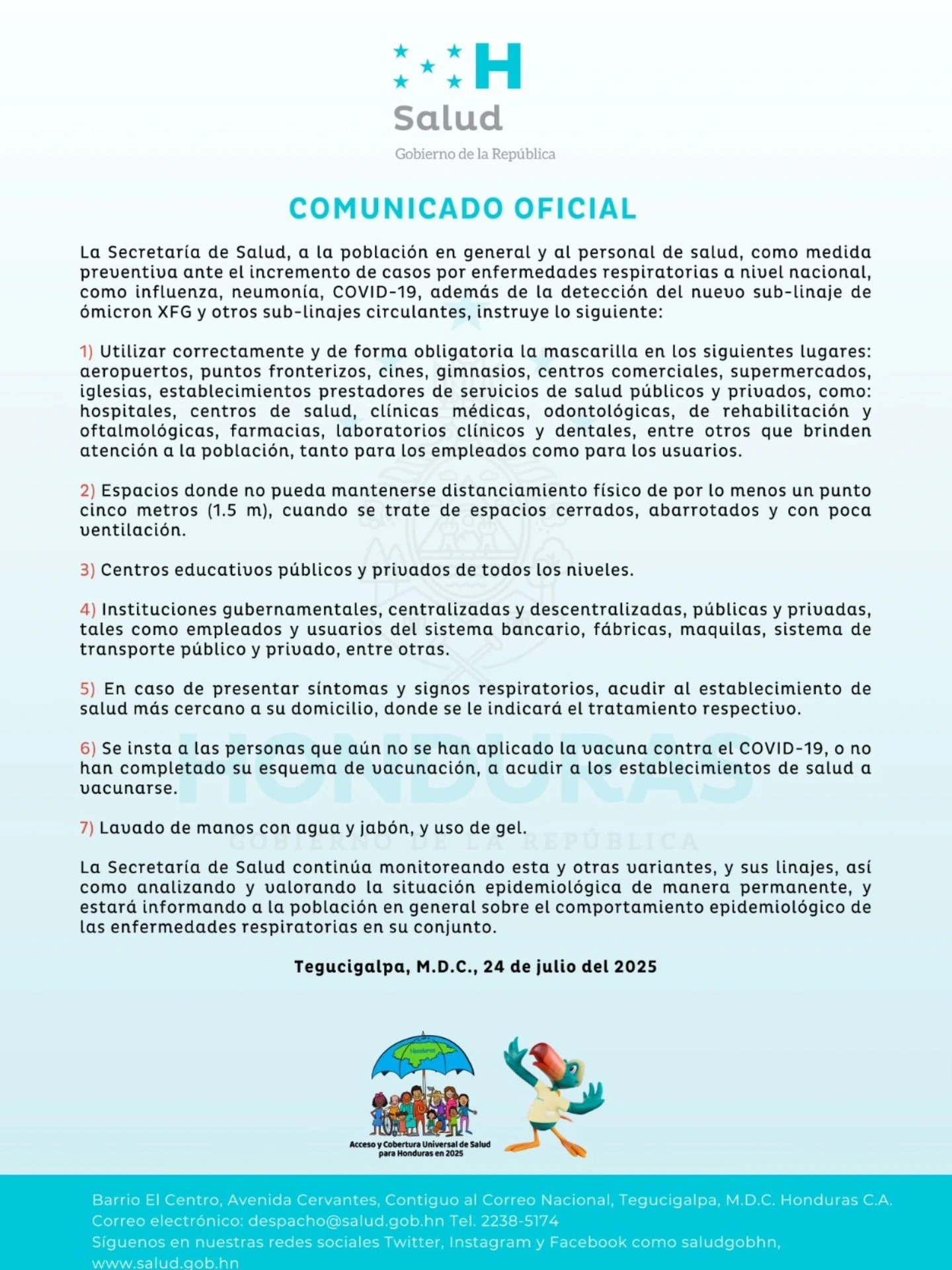 Comunicado emitido por Salud.