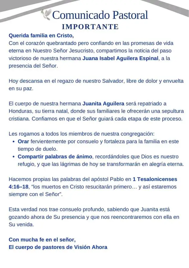 acuerdo de duelo de la iglesia a la que asistió hondureña que fallece tras ser atropellada saliendo de culto en Nicaragua