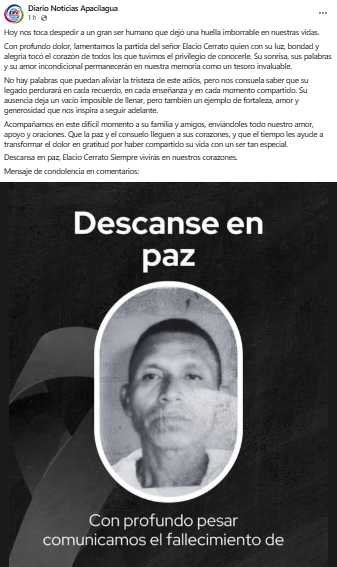 Nota de duelo del señor asesinado por resistirse a robo en Choluteca