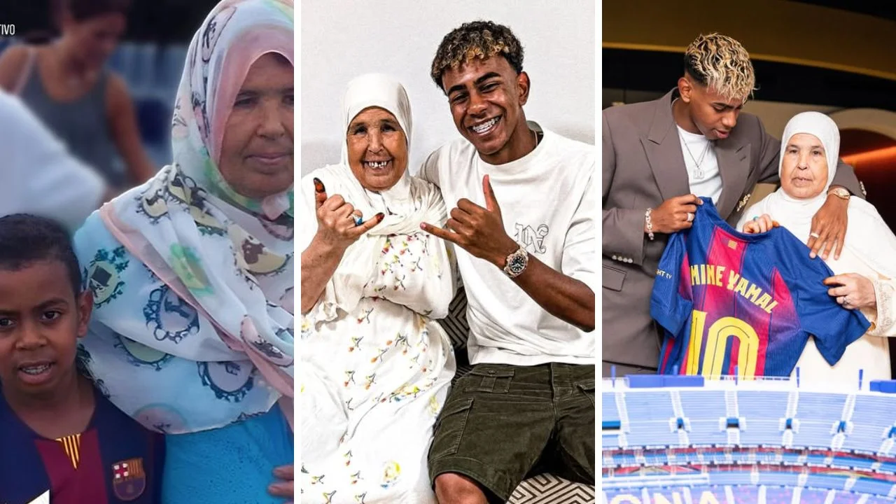 Collage de fotos de Lamine Yamal junto a su abuela, Fátima