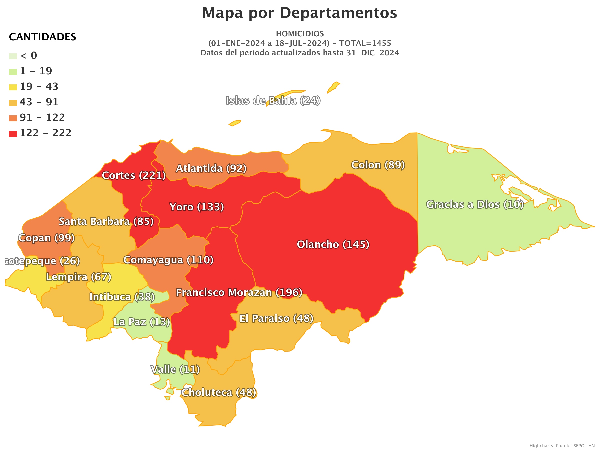 Mapa de homicidios en Honduras 2024