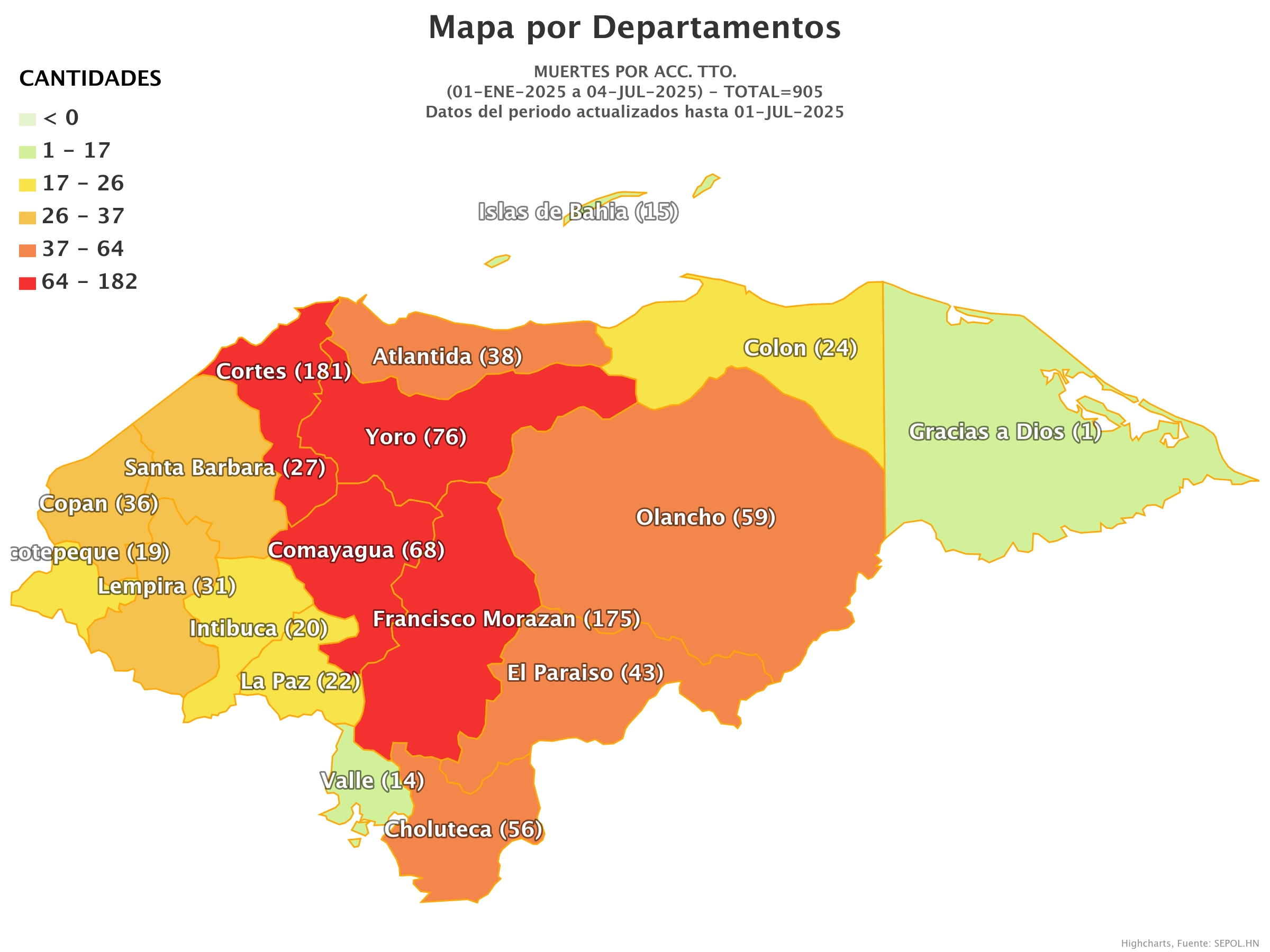 Mapa de muertes en accidentes de tránsito en Honduras.