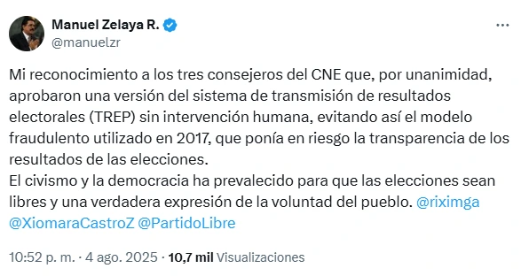 Captura de pantalla de publicación en X de Manuel Zelaya. 